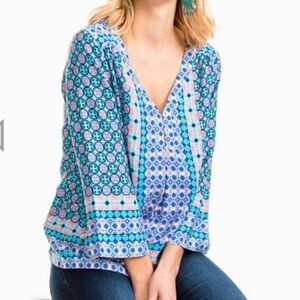 Southern Tide Blouse Womens Small Boho Top Tropical Blue Green Summer NWT Evelyn